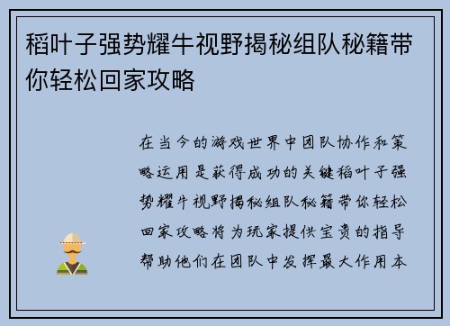 稻叶子强势耀牛视野揭秘组队秘籍带你轻松回家攻略