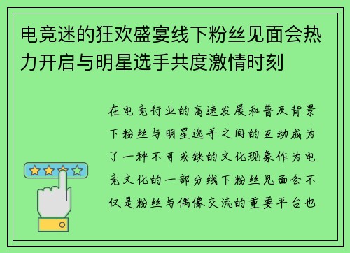 电竞迷的狂欢盛宴线下粉丝见面会热力开启与明星选手共度激情时刻