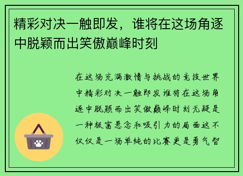 精彩对决一触即发，谁将在这场角逐中脱颖而出笑傲巅峰时刻