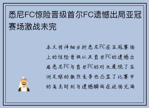 悉尼FC惊险晋级首尔FC遗憾出局亚冠赛场激战未完