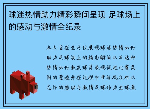 球迷热情助力精彩瞬间呈现 足球场上的感动与激情全纪录