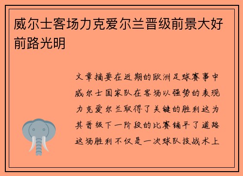 威尔士客场力克爱尔兰晋级前景大好前路光明