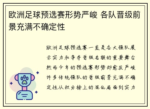 欧洲足球预选赛形势严峻 各队晋级前景充满不确定性