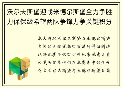 沃尔夫斯堡迎战米德尔斯堡全力争胜力保保级希望两队争锋力争关键积分