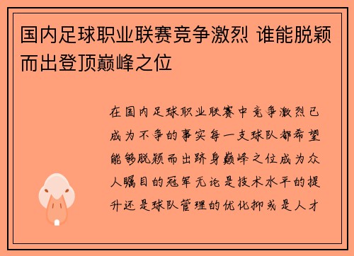 国内足球职业联赛竞争激烈 谁能脱颖而出登顶巅峰之位