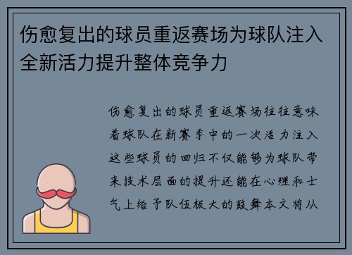 伤愈复出的球员重返赛场为球队注入全新活力提升整体竞争力