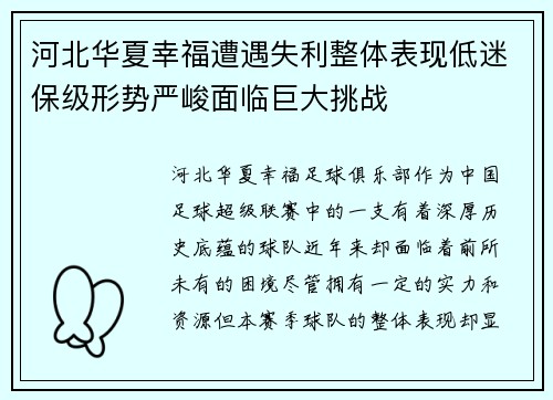 河北华夏幸福遭遇失利整体表现低迷保级形势严峻面临巨大挑战