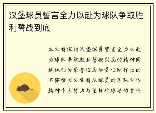 汉堡球员誓言全力以赴为球队争取胜利誓战到底