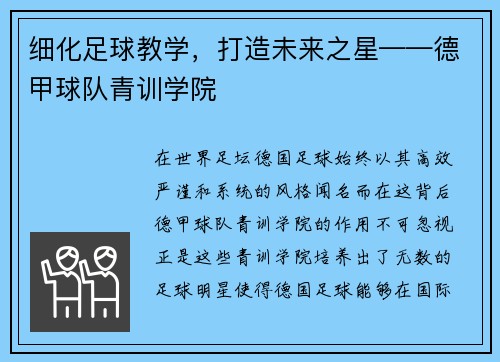 细化足球教学，打造未来之星——德甲球队青训学院