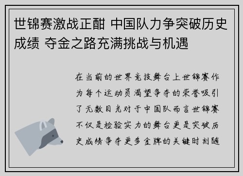 世锦赛激战正酣 中国队力争突破历史成绩 夺金之路充满挑战与机遇