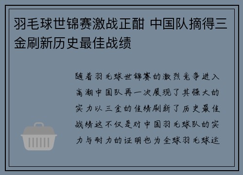 羽毛球世锦赛激战正酣 中国队摘得三金刷新历史最佳战绩
